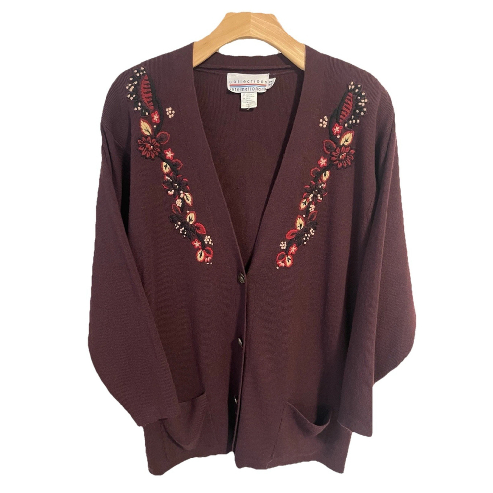Collections Internationale Burgundy Wool Embroidered Cardigan - Medium